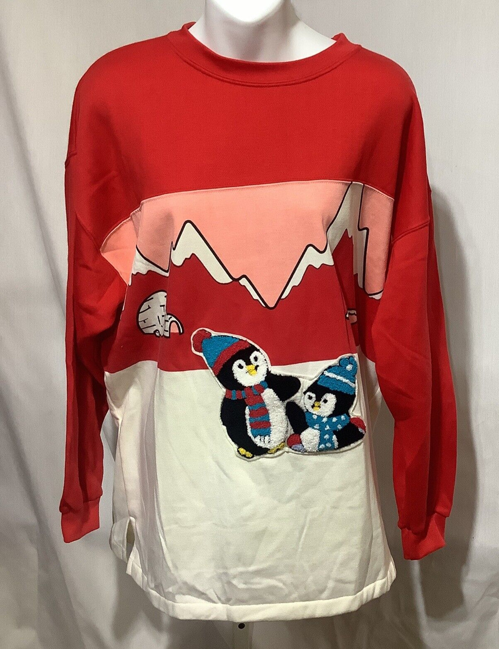 Vintage 80s NWT Energie Penguin Igloo Sweatshirt L Colorblock Red White Korea